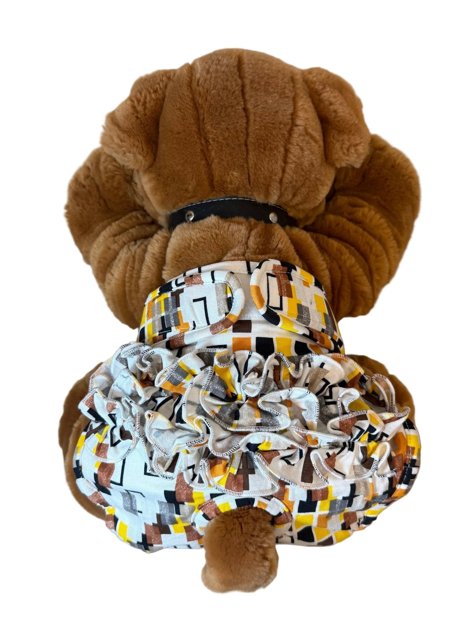 🐾 Culotte lavable pour chien – blanc imprimé rectangles jaune, orange, noir - Miss Nuts Accessoires