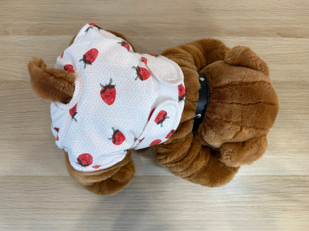 🐾 Culotte lavable pour chien – blanche imprimée fraises - Miss Nuts Accessoires
